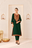 Set Of 2: Emerald Royale Cashmilon Kashmiri Embroidered Lace Phiran with Pants- Free Size