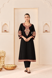 Set Of 2: Black Elegance Cashmilon Kashmiri Embroidered Lace Phiran with Pants– Free Size