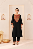 Set Of 2: Noir Cashmilon Kashmiri Embroidered Lace Phiran With Pant- Free Size