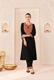 Set Of 2: Noir Cashmilon Kashmiri Embroidered Lace Phiran With Pant- Free Size