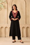 Set Of 2: Midnight Cashmilon Kashmiri Embroidered Lace Phiran With Pant- Free Size