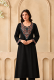 Midnight Teal Cashmilon Kashmiri Embroidered Lace Phiran- Free Size