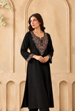 Midnight Teal Cashmilon Kashmiri Embroidered Lace Phiran- Free Size