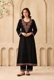 Set Of 2: Midnight Paisley Cashmilon Kashmiri Embroidered Lace Phiran With Pant- Free Size