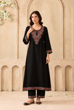 Set Of 2: Midnight Paisley Cashmilon Kashmiri Embroidered Lace Phiran With Pant- Free Size