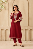 Set Of 2: Crimson Bloom Cashmilon Kashmiri Embroidered Lace Phiran With Pant- Free Size