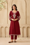 Set Of 2: Crimson Bloom Cashmilon Kashmiri Embroidered Lace Phiran With Pant- Free Size