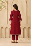 Set Of 2: Crimson Bloom Cashmilon Kashmiri Embroidered Lace Phiran With Pant- Free Size