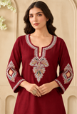 Set Of 2: Crimson Bloom Cashmilon Kashmiri Embroidered Lace Phiran With Pant- Free Size