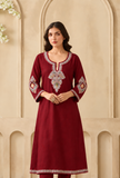 Crimson Bloom Cashmilon Kashmiri Embroidered Lace Phiran- Free Size