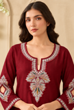 Crimson Bloom Cashmilon Kashmiri Embroidered Lace Phiran- Free Size