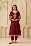 Set Of 2: Burgundy Cashmilon Heritage Embroidered Lace Phiran With Pant- Free Size