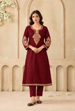 Set Of 2: Burgundy Cashmilon Heritage Embroidered Lace Phiran With Pant- Free Size