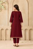 Set Of 2: Burgundy Cashmilon Heritage Embroidered Lace Phiran With Pant- Free Size