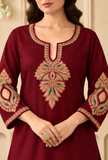 Set Of 2: Burgundy Cashmilon Heritage Embroidered Lace Phiran With Pant- Free Size