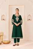 Set Of 2: Emerald Grace Cashmilon Kashmiri Embroidered Lace Phiran With Pant- Free Size