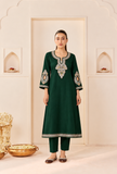 Set Of 2: Emerald Grace Cashmilon Kashmiri Embroidered Lace Phiran With Pant- Free Size