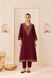 Set Of 2: Maroon Cashmilon Heritage Kashmiri Embroidered Lace  Phiran With Pant- Free Size