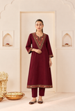 Set Of 2: Maroon Cashmilon Heritage Kashmiri Embroidered Lace  Phiran With Pant- Free Size