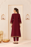 Set Of 2: Maroon Cashmilon Heritage Kashmiri Embroidered Lace  Phiran With Pant- Free Size