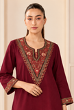 Set Of 2: Maroon Cashmilon Heritage Kashmiri Embroidered Lace  Phiran With Pant- Free Size