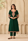 Set Of 2: Emerald Cashmilon Kashmiri Embroidered Lace Phiran With Pant- Free Size