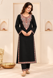 Set of 2: Noor Black Cashmilon Kashmiri Embroidered Lace Phiran & Pant Set - Free Size