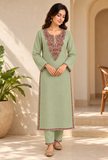 Set of 2: Sage Green Cashmilon Kashmiri Embroidered Lace Phiran & Pant Set - Free Size