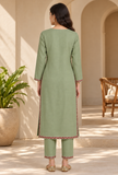 Set of 2: Sage Green Cashmilon Kashmiri Embroidered Lace Phiran & Pant Set - Free Size
