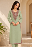 Noor Sage Green Cashmilon Kashmiri Embroidered Lace Phiran - Free Size