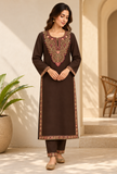 Set of 2: Mahogany Brown Cashmilon Kashmiri Embroidered Lace Phiran & Pant Set - Free Size
