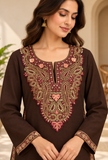 Set of 2: Mahogany Brown Cashmilon Kashmiri Embroidered Lace Phiran & Pant Set - Free Size