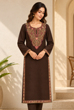Mahogany Brown Cashmilon Kashmiri Embroidered Lace Phiran - Free Size