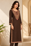 Mahogany Brown Cashmilon Kashmiri Embroidered Lace Phiran - Free Size