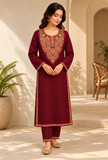 Set of 2: Burgundy Cashmilon Kashmiri Embroidered Lace Phiran & Pant Set - Free Size
