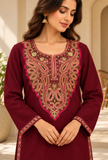 Set of 2: Burgundy Cashmilon Kashmiri Embroidered Lace Phiran & Pant Set - Free Size