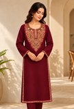 Burgundy Cashmilon Kashmiri Embroidered Lace Phiran - Free Size