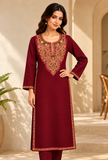 Burgundy Cashmilon Kashmiri Embroidered Lace Phiran - Free Size