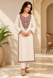 Set of 2: Ivory Cashmilon Kashmiri Embroidered Lace Phiran & Pant Set - Free Size