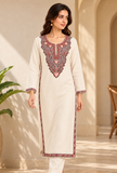 Ivory Cashmilon Kashmiri Embroidered Lace Phiran - Free Size