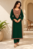 Set of 2: Emerald Green Cashmilon Kashmiri Embroidered Lace Phiran & Pant Set - Free Size