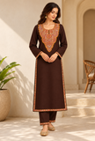 Set of 2: Chocolate Brown Cashmilon Kashmiri Embroidered Lace Phiran & Pant Set - Free Size