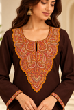 Set of 2: Chocolate Brown Cashmilon Kashmiri Embroidered Lace Phiran & Pant Set - Free Size