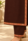 Set of 2: Chocolate Brown Cashmilon Kashmiri Embroidered Lace Phiran & Pant Set - Free Size