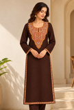 Chocolate Brown Cashmilon Kashmiri Embroidered Lace Phiran - Free Size