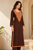 Chocolate Brown Cashmilon Kashmiri Embroidered Lace Phiran - Free Size