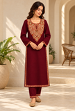 Set of 2: Burgundy Cashmilon Kashmiri Embroidered Lace Phiran & Pant Set - Free Size