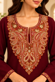Set of 2: Burgundy Cashmilon Kashmiri Embroidered Lace Phiran & Pant Set - Free Size