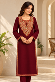 Burgundy Cashmilon Kashmiri Embroidered Lace Phiran - Free Size