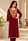 Burgundy Cashmilon Kashmiri Embroidered Lace Phiran - Free Size